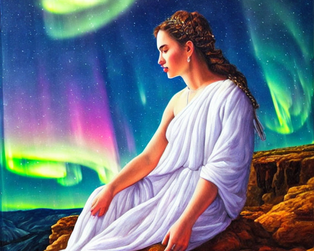 Woman in White Robes Contemplating Vibrant Aurora Sky