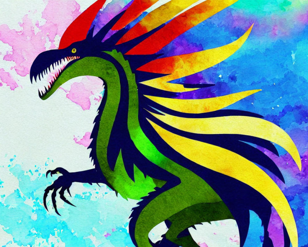 Colorful Watercolor Painting of Dragon with Multicolored Mane