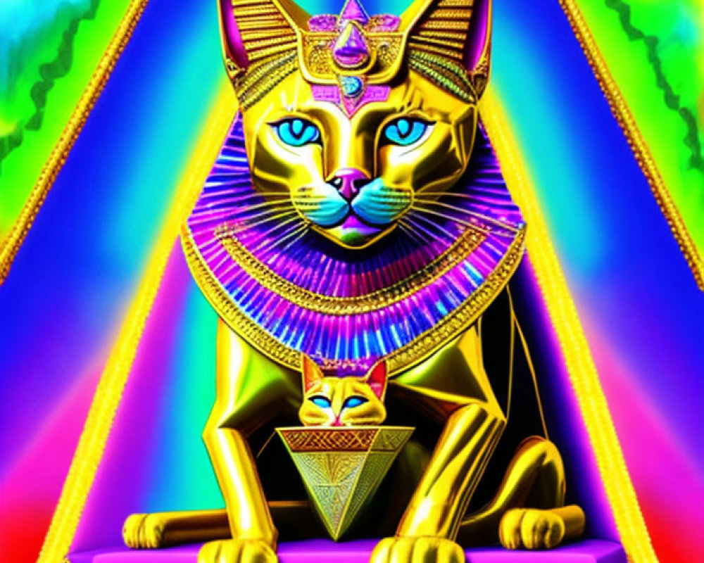 Vibrant digital artwork of stylized cat with Egyptian motifs