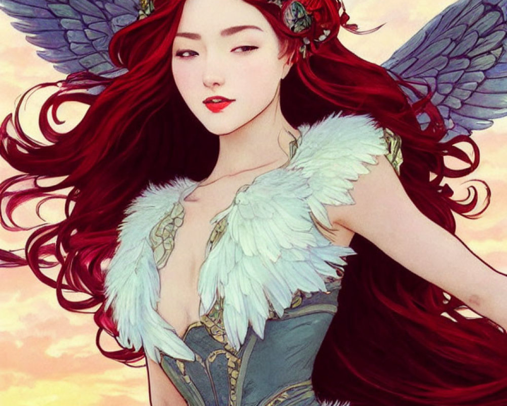 Illustration of winged woman with red hair in feathered dress under sunset sky