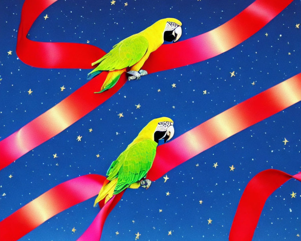 Vibrant Parrots on Red Ribbons in Starry Blue Setting