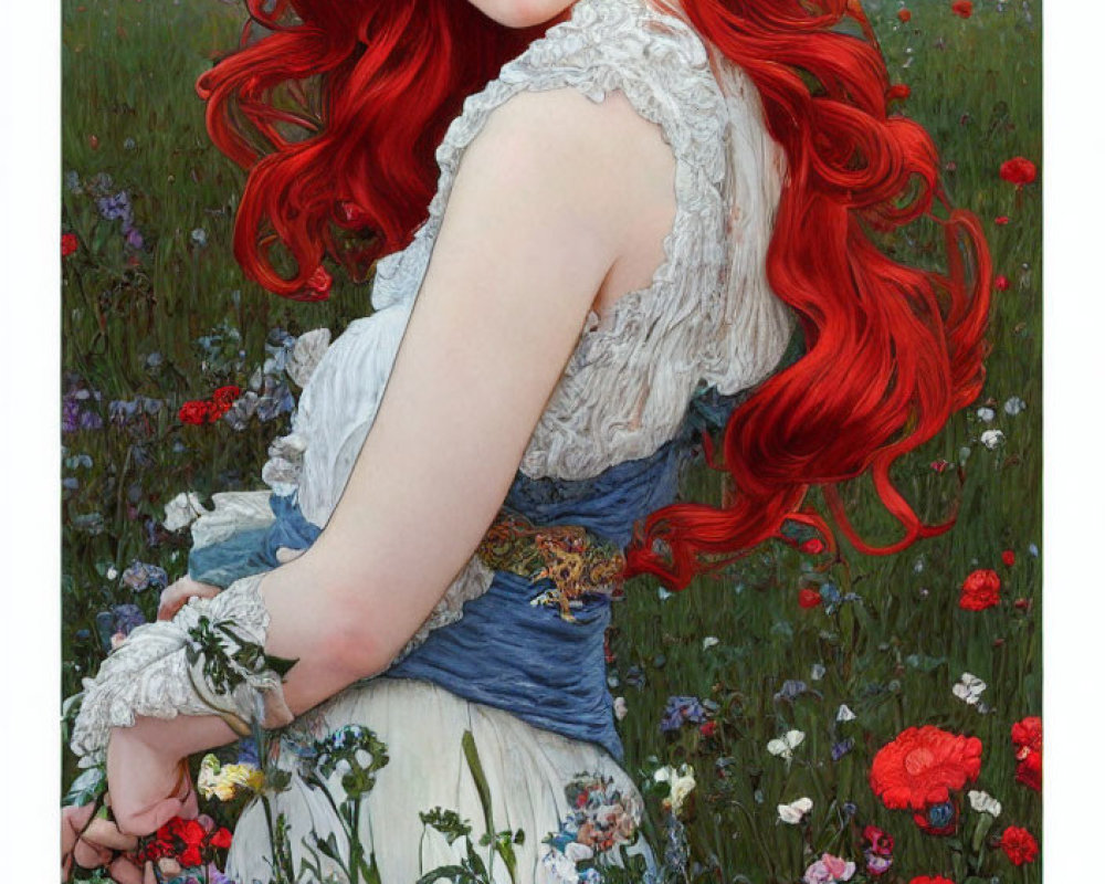 Red-haired woman in floral crown amid wildflowers in white lace dress with blue corset