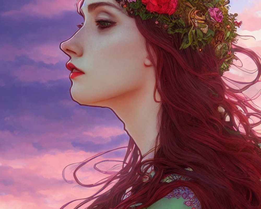 Woman with Long Red Hair and Floral Crown Against Purple Sky