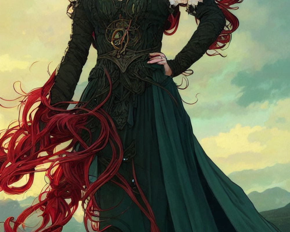 Red-haired woman in green and black dress against sunset hills.