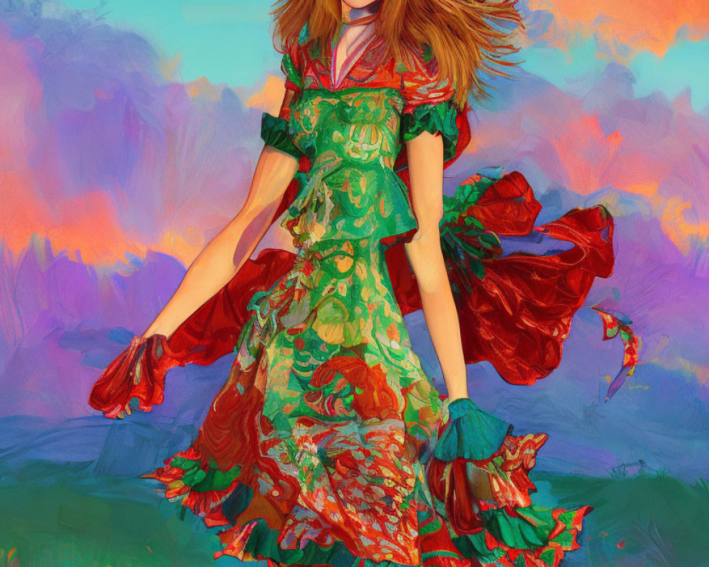 Colorful digital artwork of young woman in green dress and hat in whimsical field at sunset