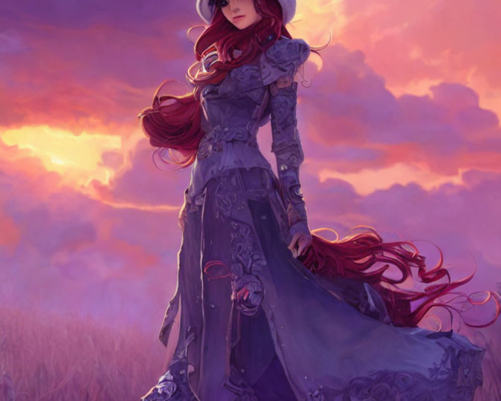 Illustrated woman with red hair in Victorian gown and hat in sunset field