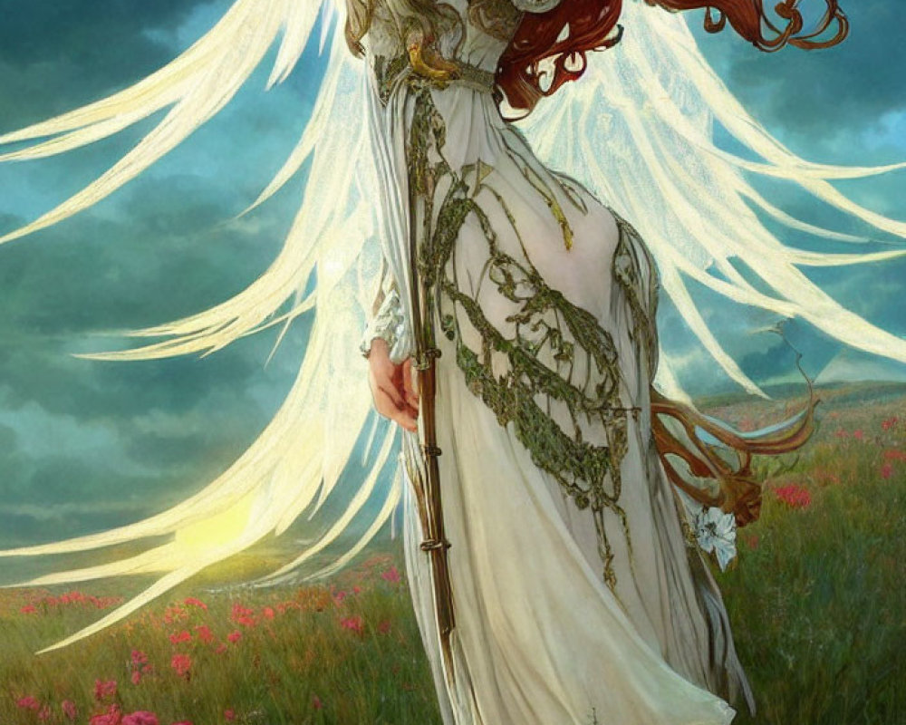 Ethereal woman with red hair and wings in green and white dress in meadow