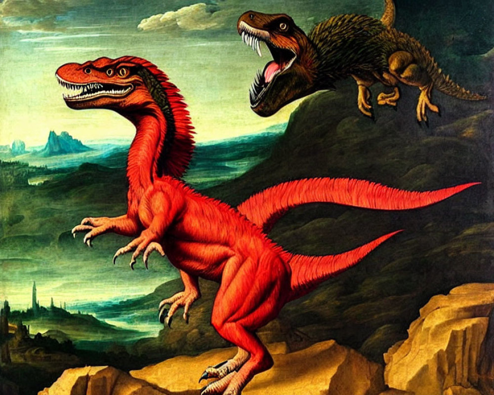 Vibrant red and black dinosaurs on rocky terrain with blue sky and mountains