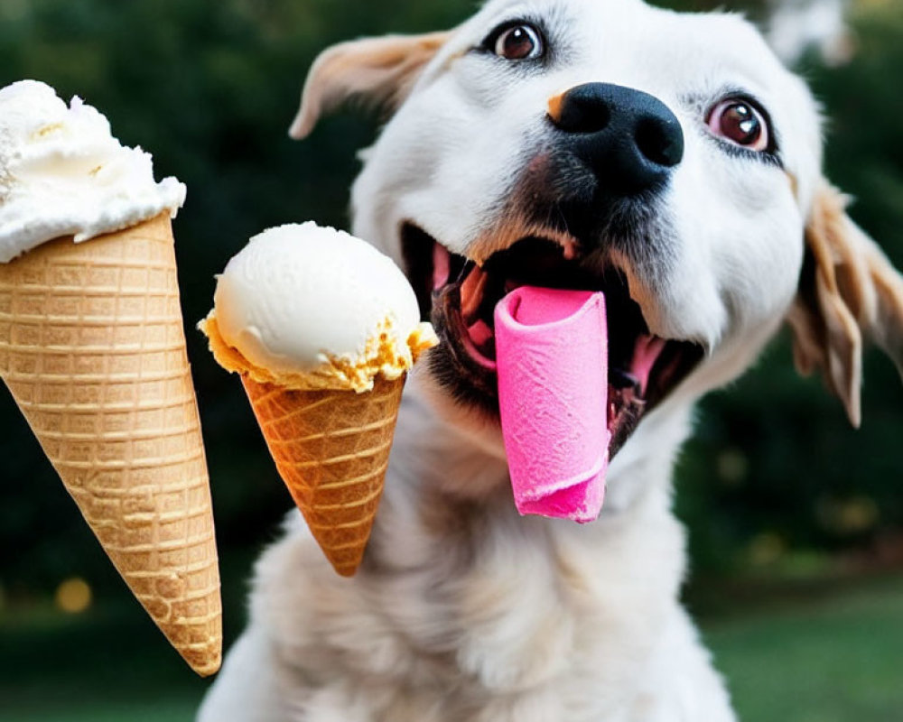 Happy dog holding pink wallet with ice cream cones nearby