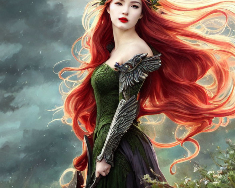 Fantasy Artwork: Woman with Red Hair and Green Dress in Nature