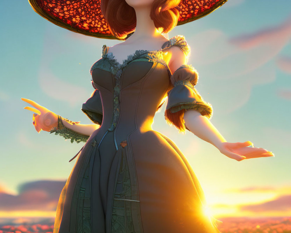 Animated woman in vintage dress and wide-brimmed hat in flower field at sunset