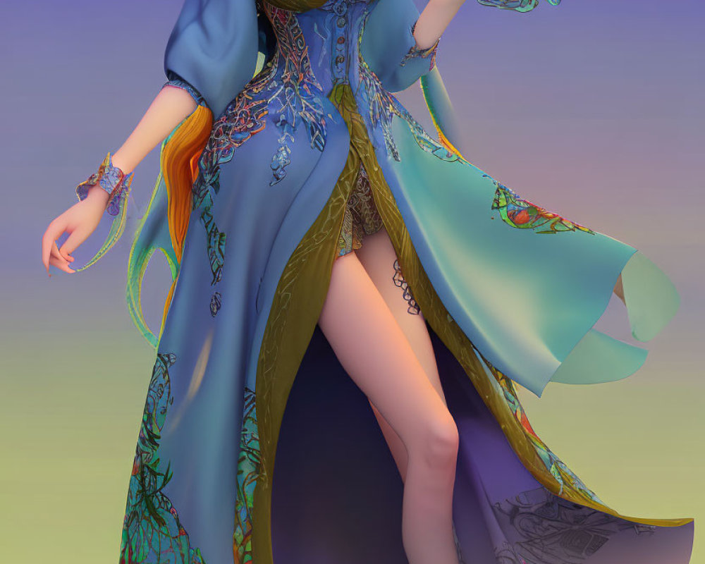 Red-Haired Fantasy Character in Blue and Green Gown with Glowing Lamp