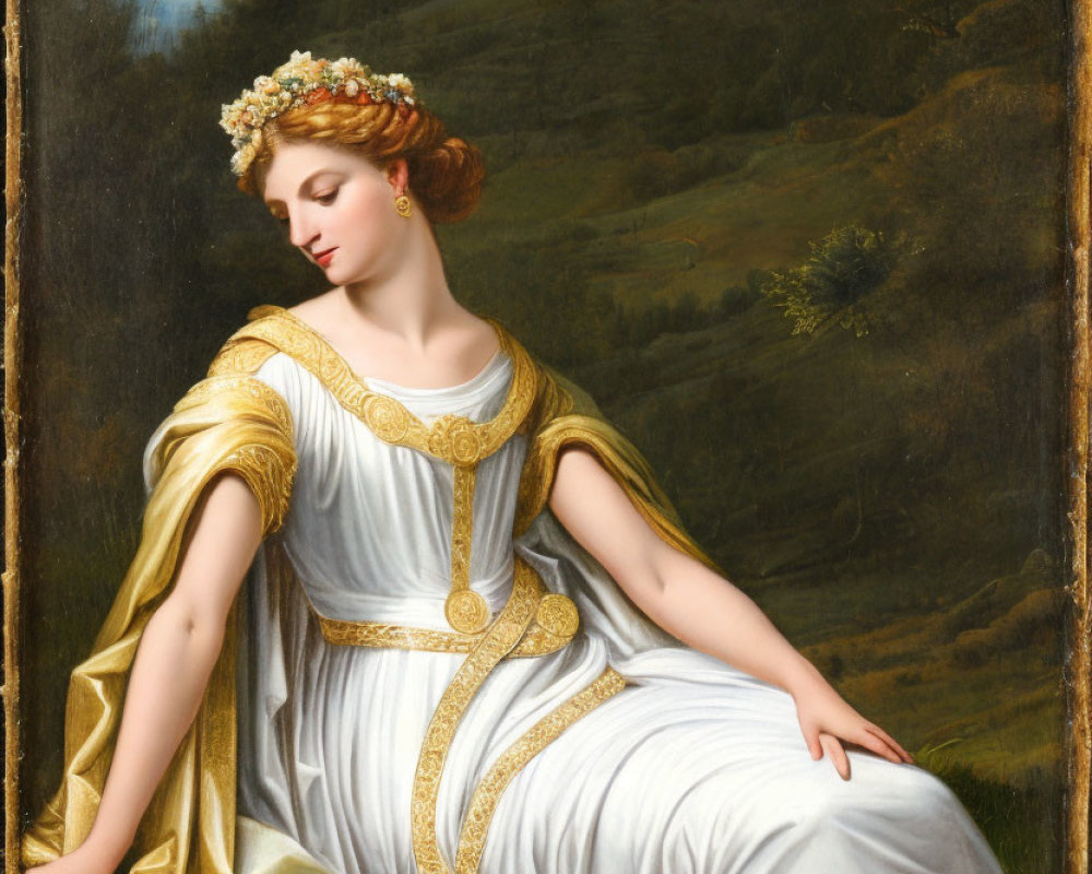 Classical painting of woman in laurel crown reclining in serene landscape