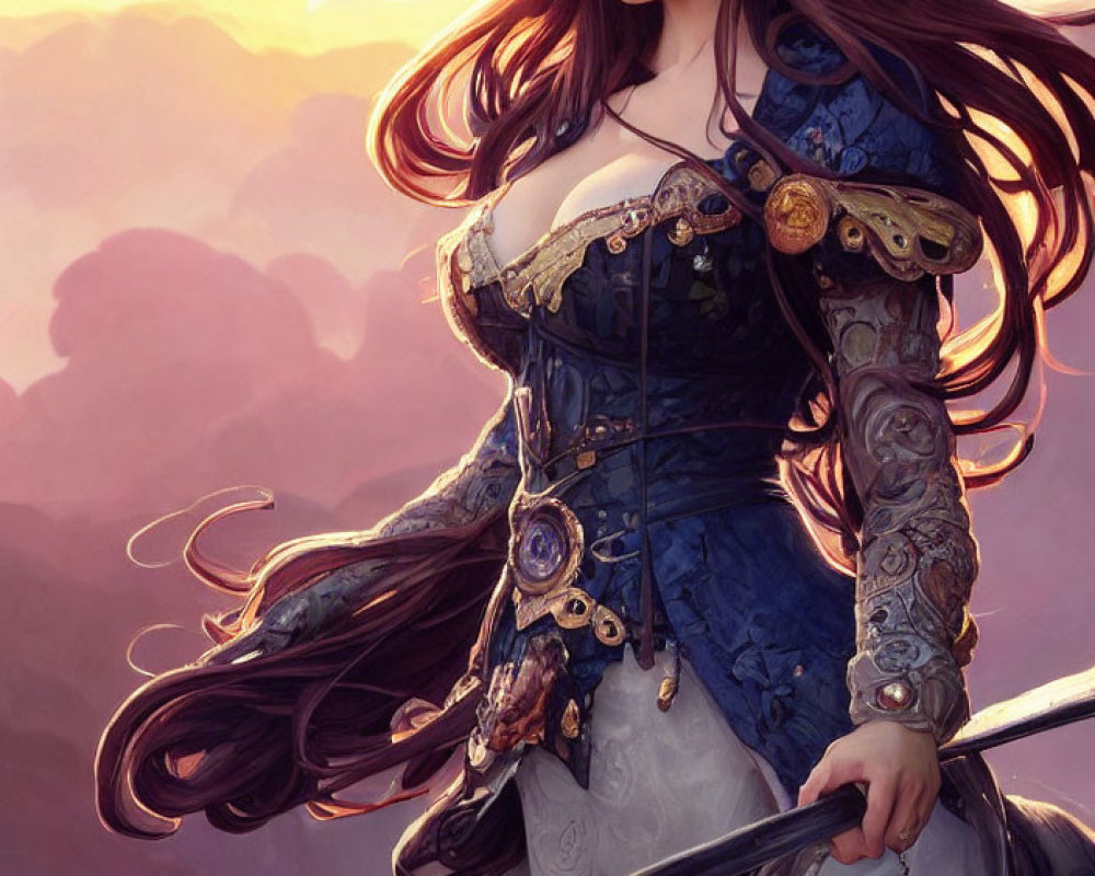 Woman with flowing hair in ornate costume holding sword against sunset sky