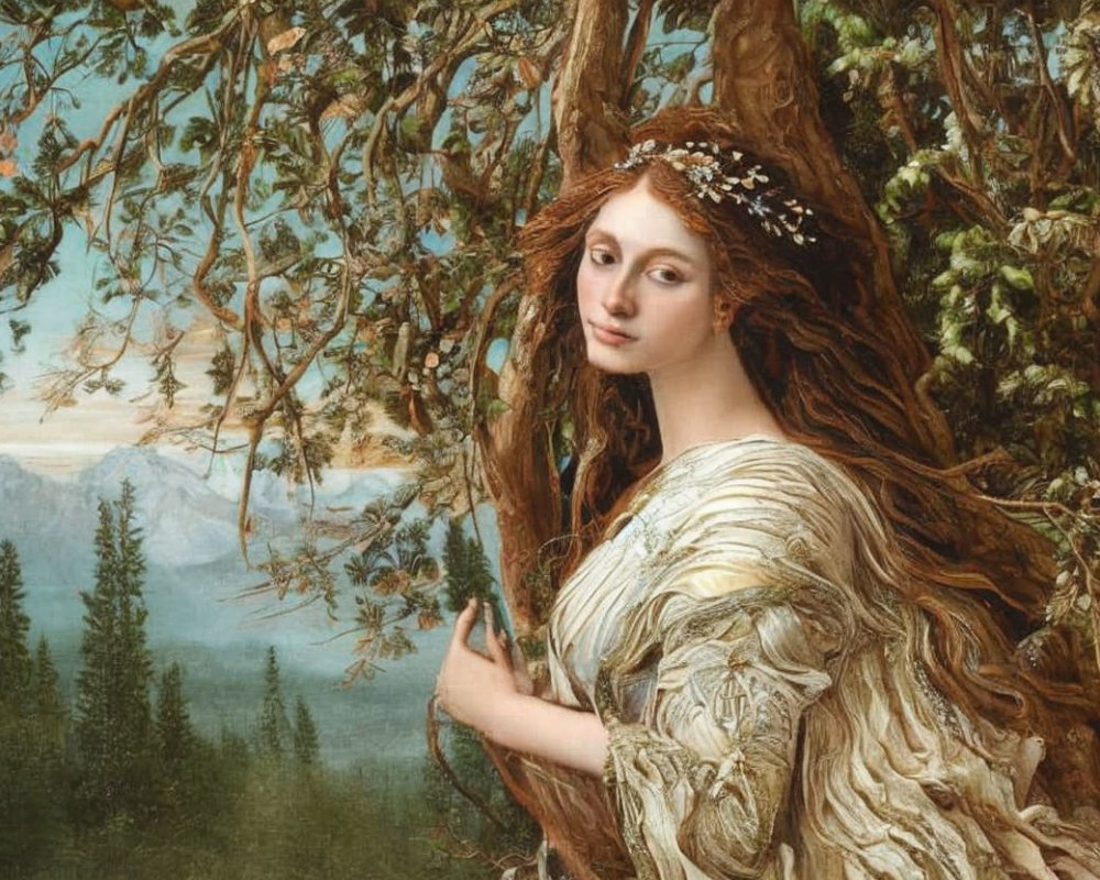 Portrait of Woman with Auburn Hair in Nature-Inspired Dress by Tree in Mountain Landscape