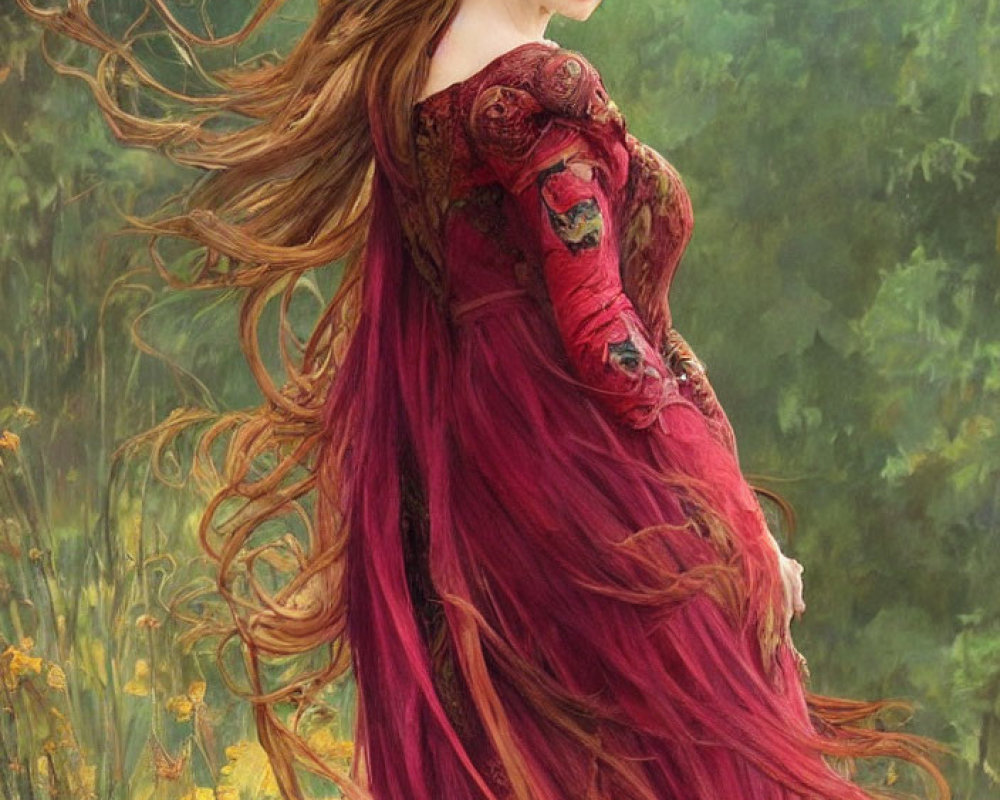 Woman with Auburn Hair in Floral Wreath and Red Dress in Lush Landscape