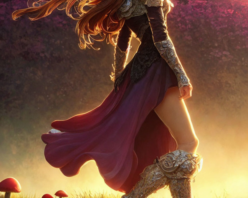 Fantasy female warrior in ornate armor and red dress in sunlit meadow