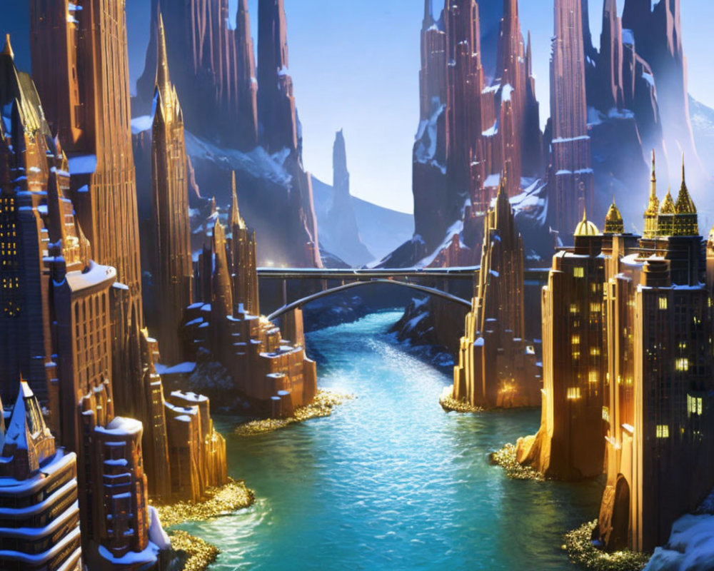 Fantastical cityscape with towering spires and turquoise river bridge