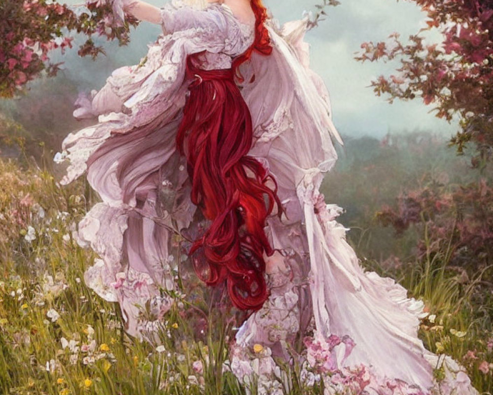 Woman with long red hair dances in flower-filled meadow wearing white gown