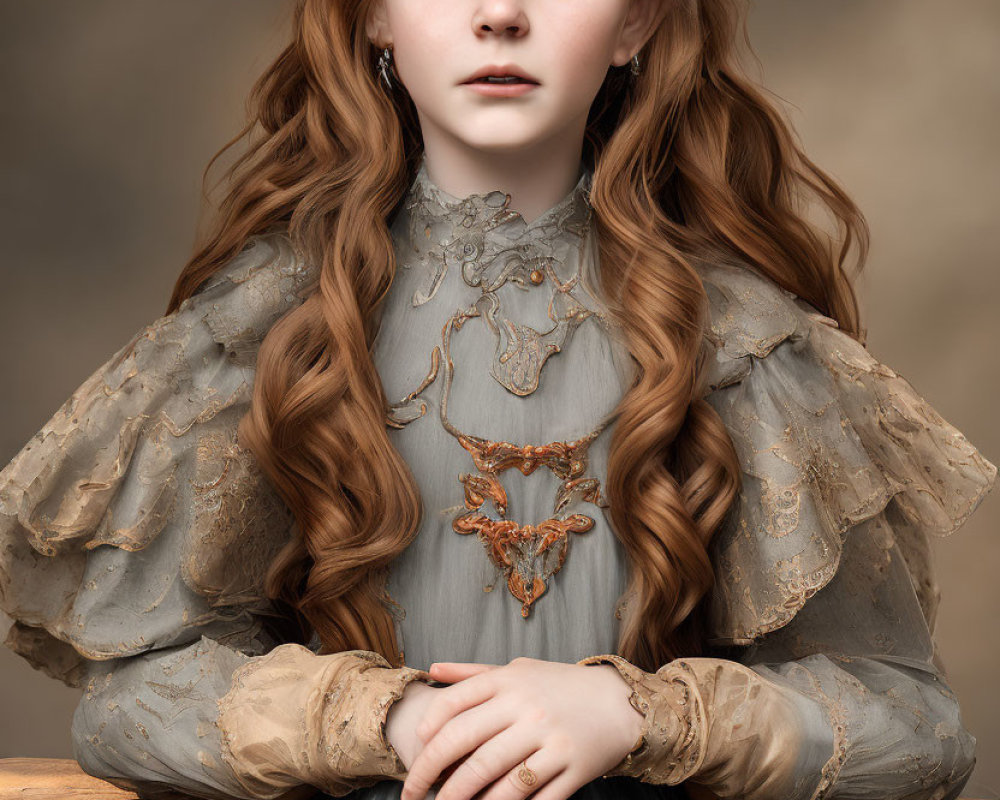 Girl with long curly auburn hair in vintage grey dress and floral crown poses against moody backdrop