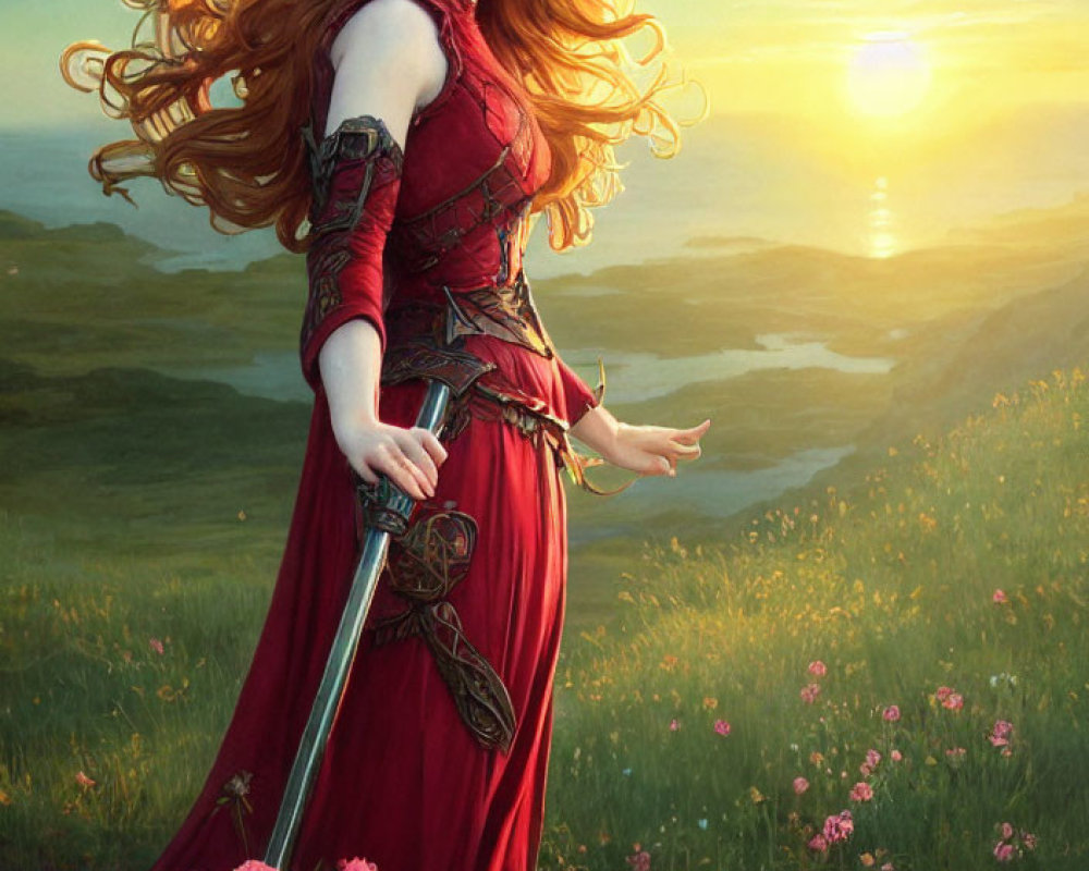 Medieval woman in red dress with sword and floral crown in sunset field