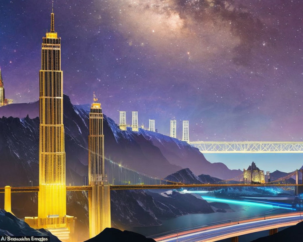 Nighttime futuristic cityscape with golden skyscrapers, train track, and starlit river