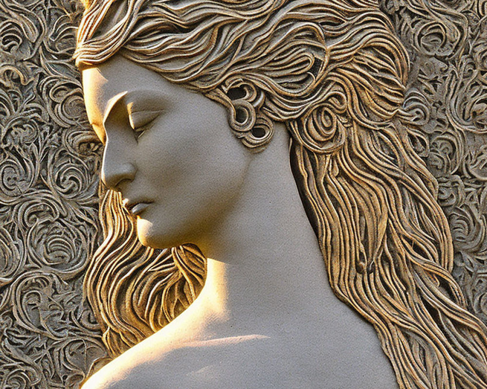 Intricate Bas-Relief Sculpture of Woman's Profile with Flowing Hair