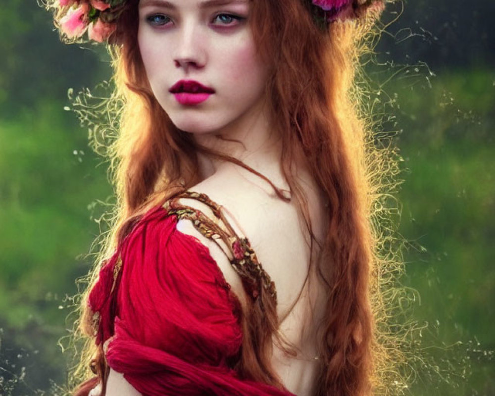 Young woman with long red hair in red dress and floral wreath in dreamy field.