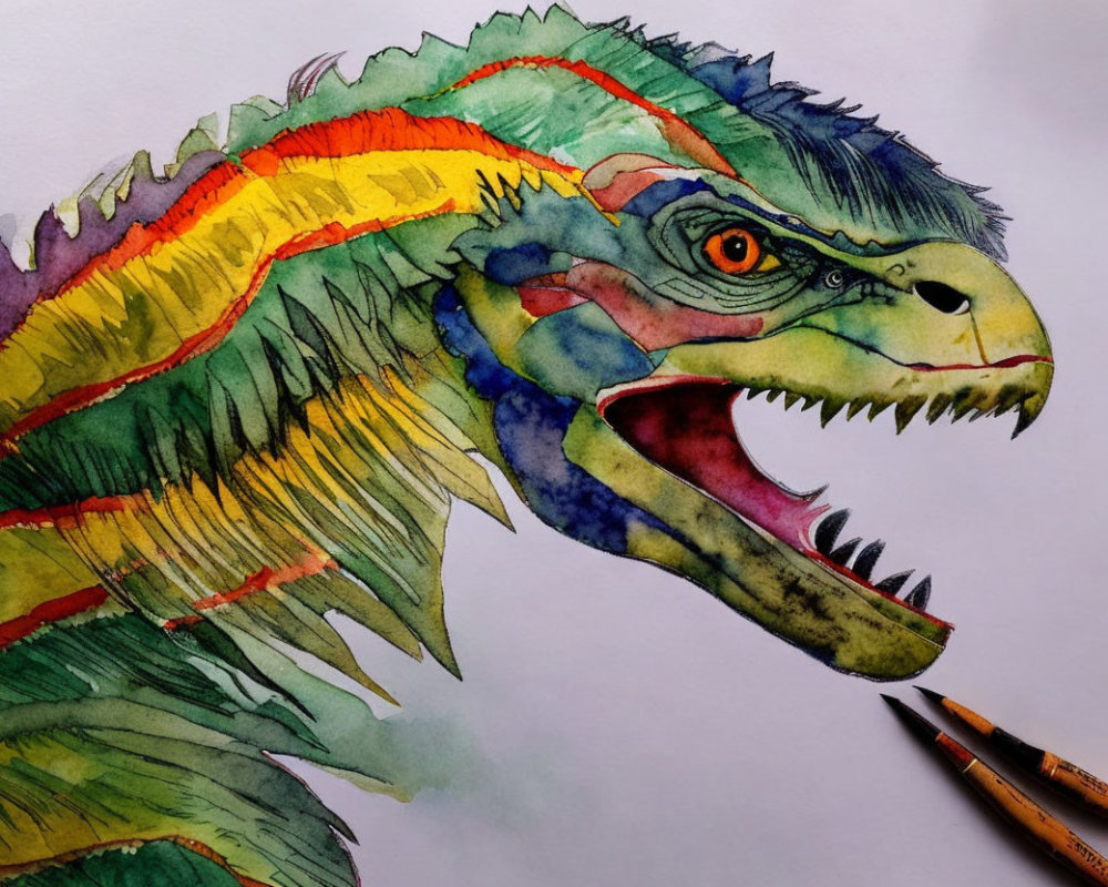 Colorful Watercolor Dinosaur Head Painting with Sharp Teeth and Detailed Scales