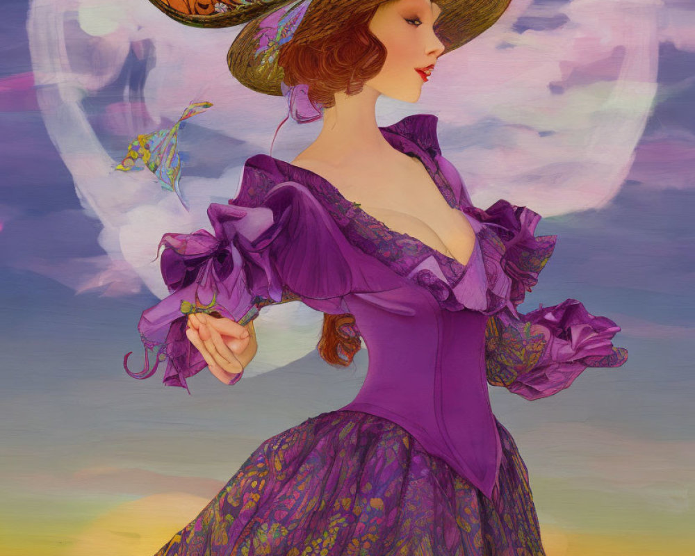 Victorian woman in purple dress with moon and colorful sky