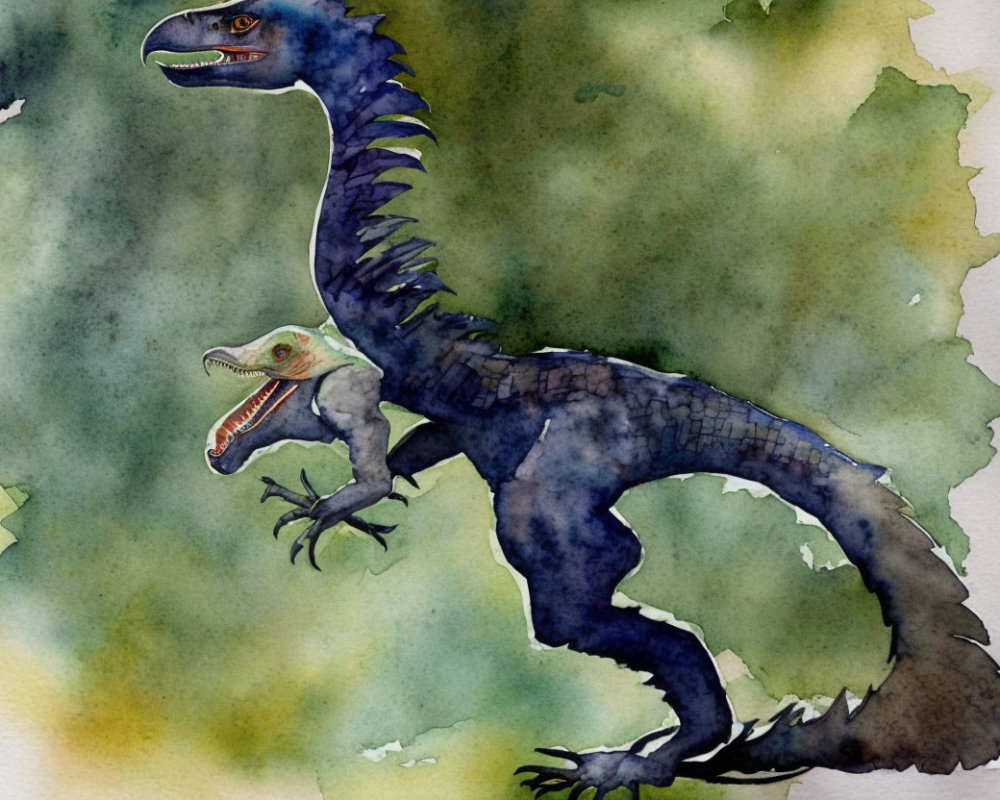 Blue bipedal dinosaur in watercolor against green background