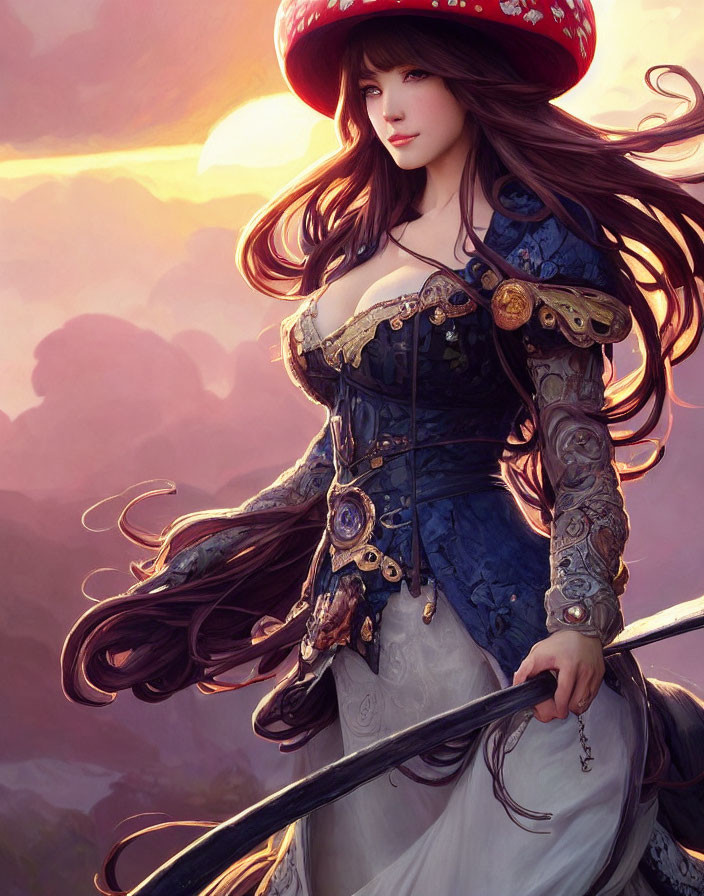 Woman with flowing hair in ornate costume holding sword against sunset sky