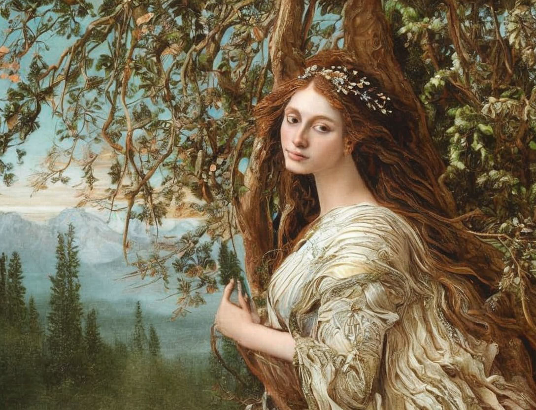 Portrait of Woman with Auburn Hair in Nature-Inspired Dress by Tree in Mountain Landscape