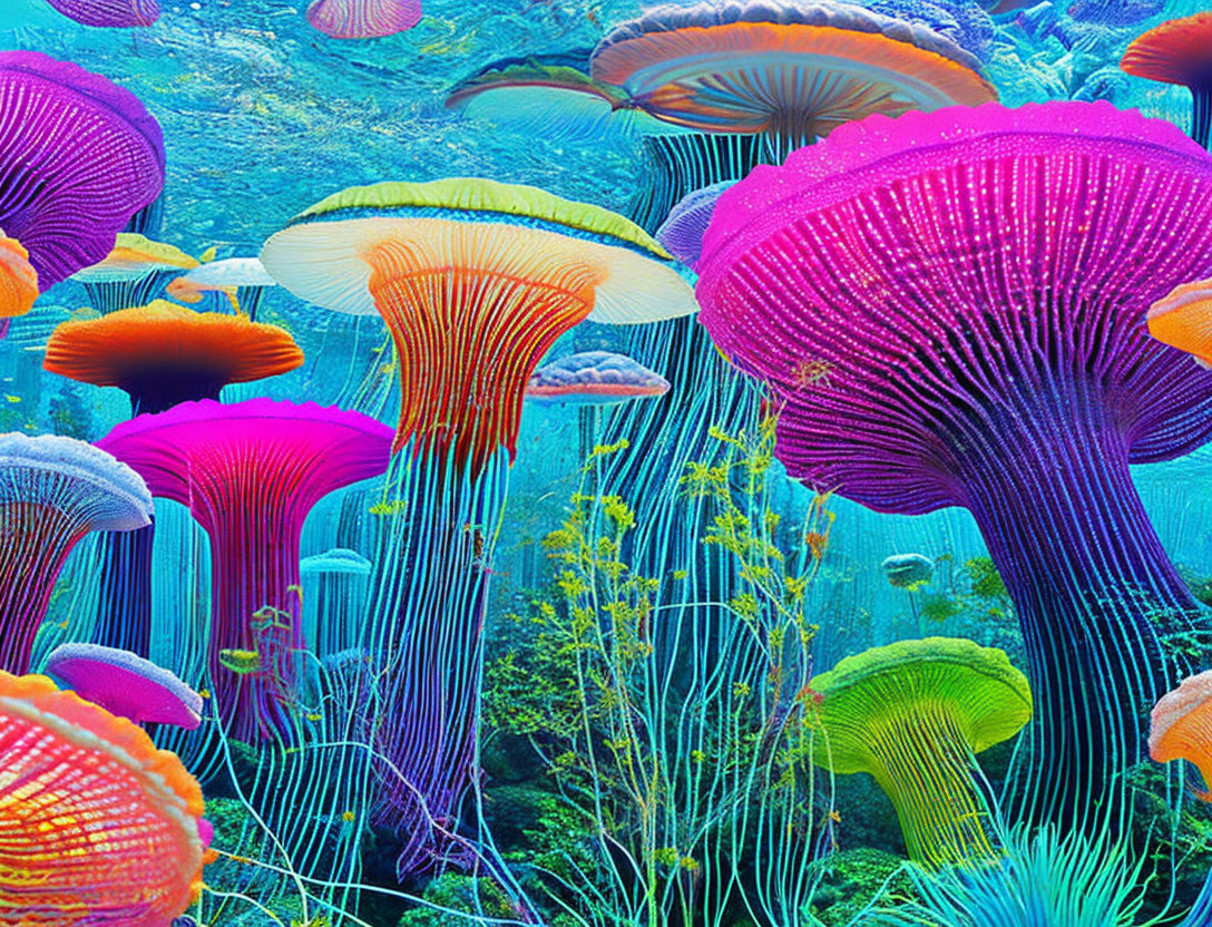 Colorful mushroom-like sea organisms in vibrant underwater scene