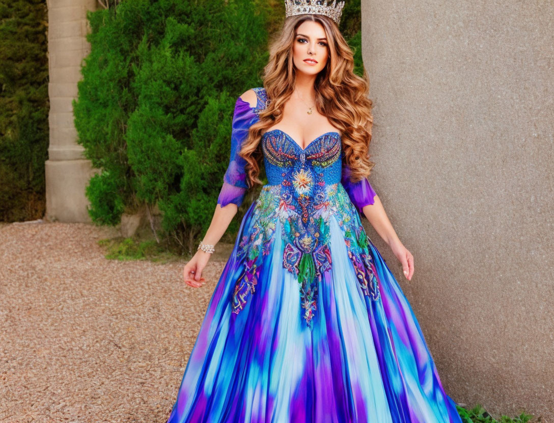 Woman in Blue and Purple Ball Gown with Beadwork and Tiara