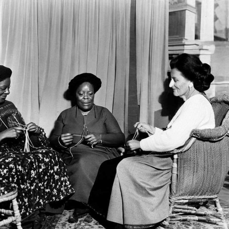 Women knitting and chatting in cozy indoor setting