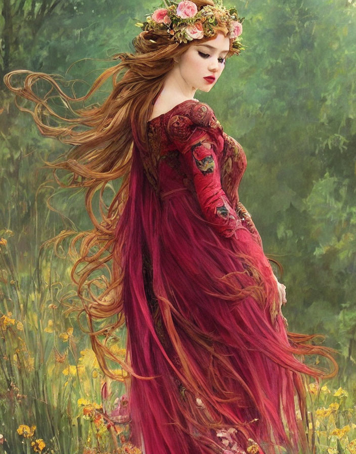 Woman with Auburn Hair in Floral Wreath and Red Dress in Lush Landscape