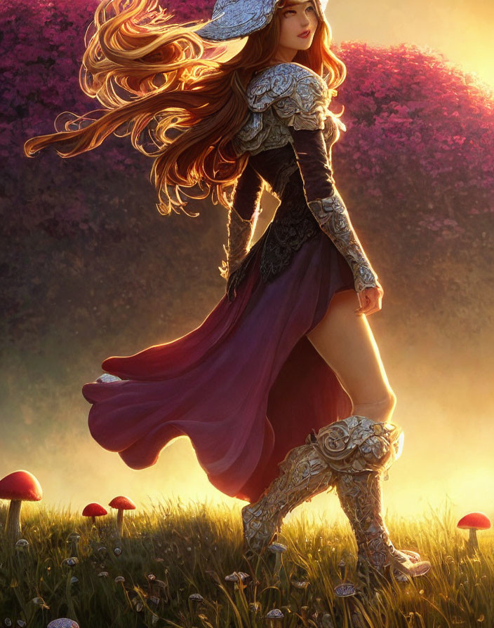 Fantasy female warrior in ornate armor and red dress in sunlit meadow