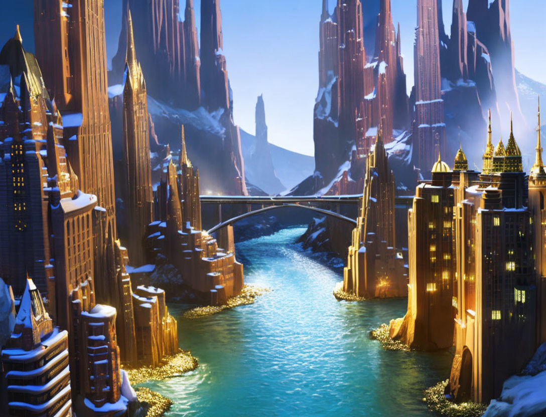 Fantastical cityscape with towering spires and turquoise river bridge