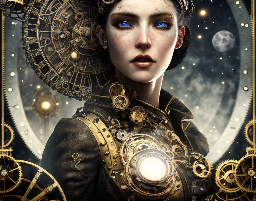 Steampunk-inspired female character with mechanical gear accessories and vibrant blue eyes on cosmic background.