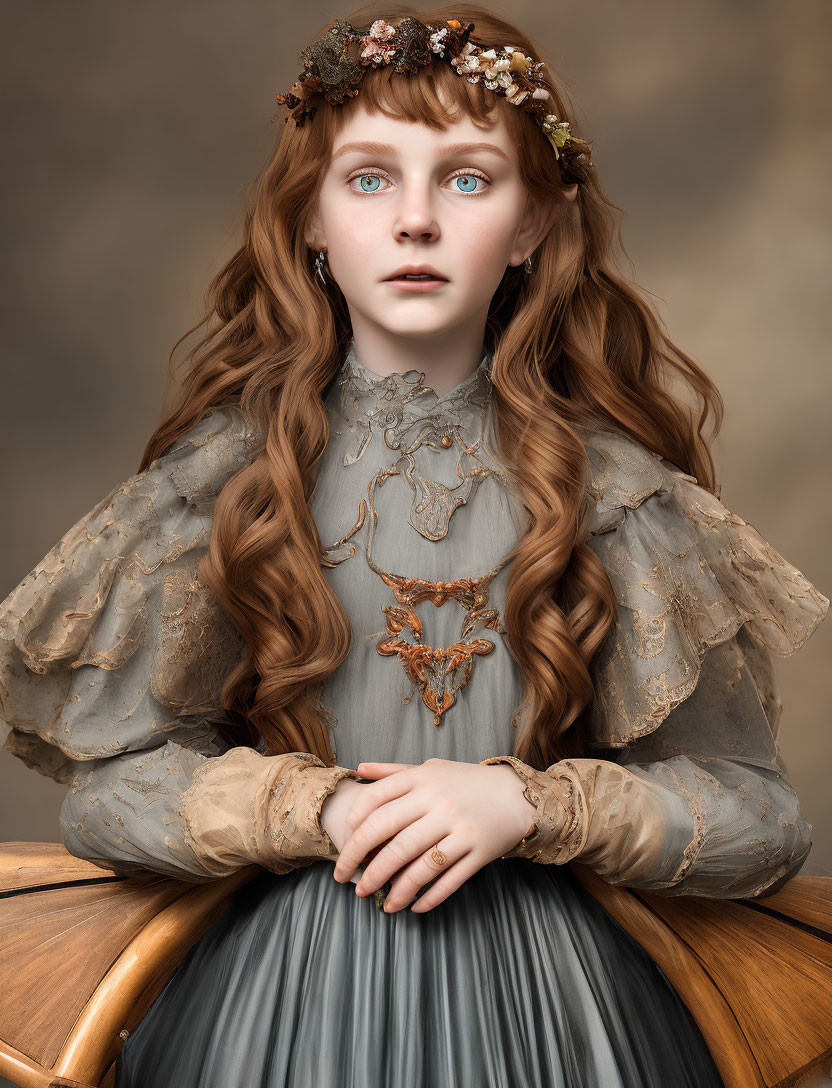 Girl with long curly auburn hair in vintage grey dress and floral crown poses against moody backdrop