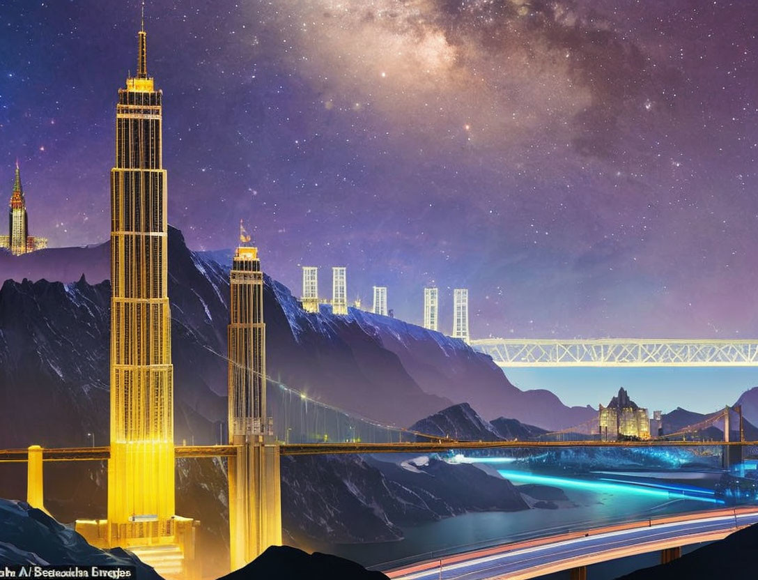 Nighttime futuristic cityscape with golden skyscrapers, train track, and starlit river