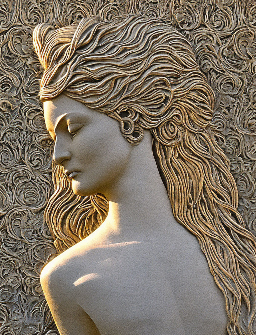 Intricate Bas-Relief Sculpture of Woman's Profile with Flowing Hair