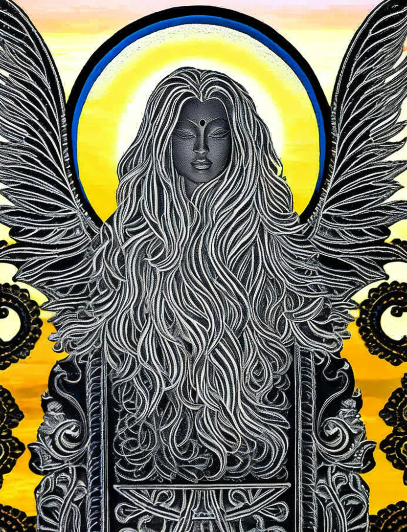 Intricate black and white angel with serene face and halo on yellow-orange background