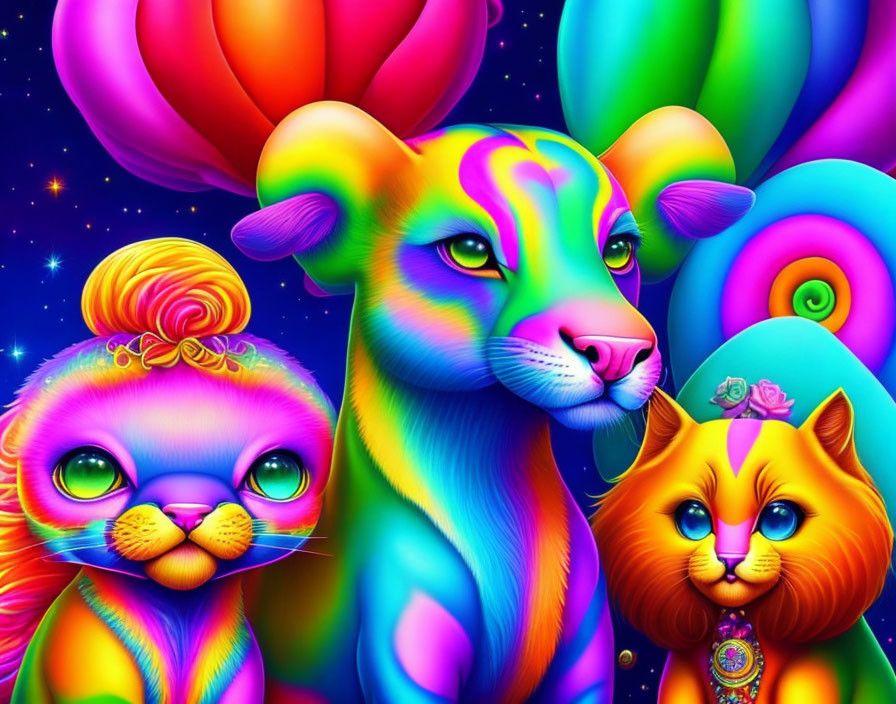 Colorful Neon Animals Artwork Featuring Lion, Cheetah, and Cats