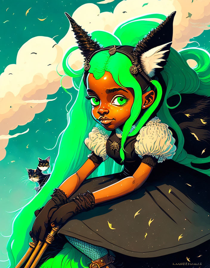 Green-skinned girl with horns and broom in celestial scene