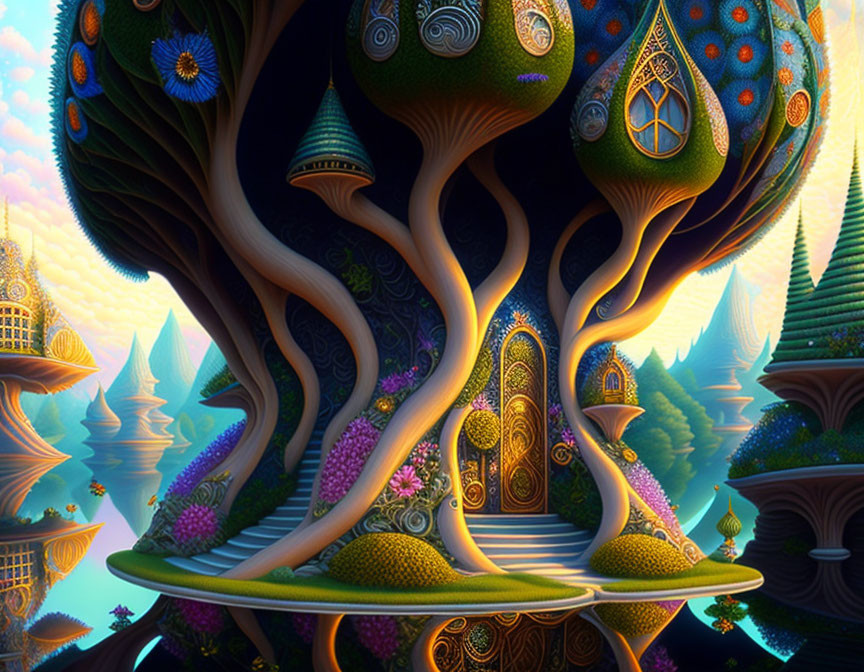 Colorful whimsical artwork of fantastical tree in lush landscape