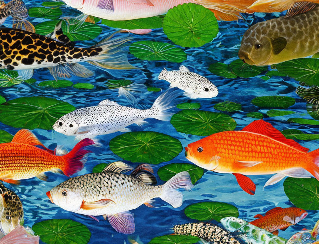 Colorful Koi Fish and Green Lily Pads in Blue Water