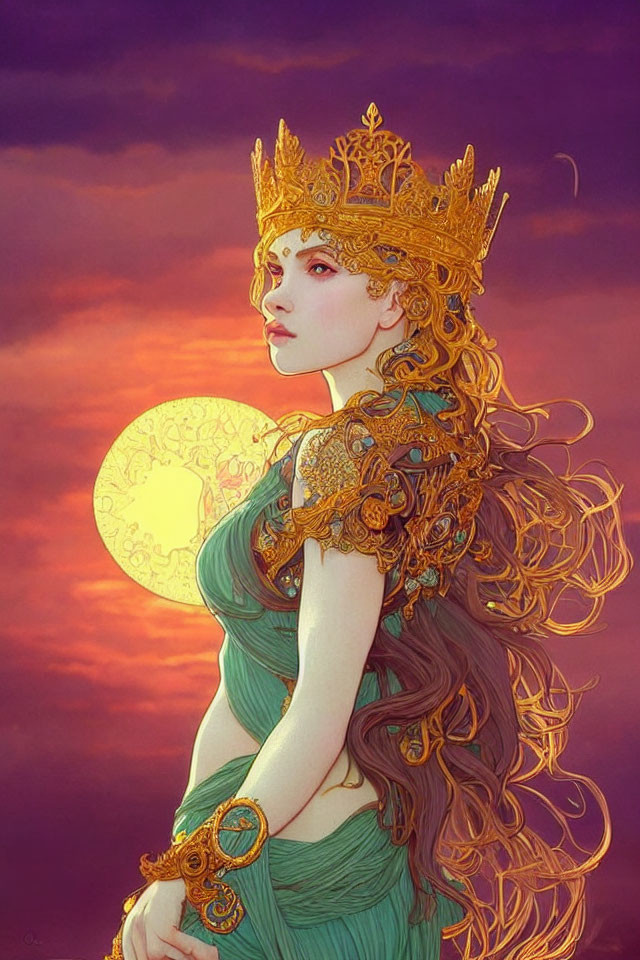 Illustrated maiden with golden crown in twilight scenery