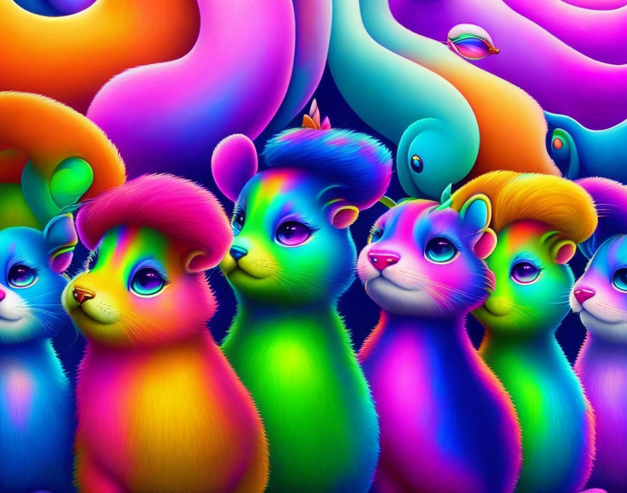 Vibrant cartoon creatures with rainbow fur on swirling background